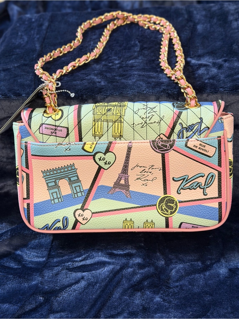 Karl Lagerfeld Pastel Pink Multicolor Paris Postcard Chain Shoulder Bag - Picture 2 of 8